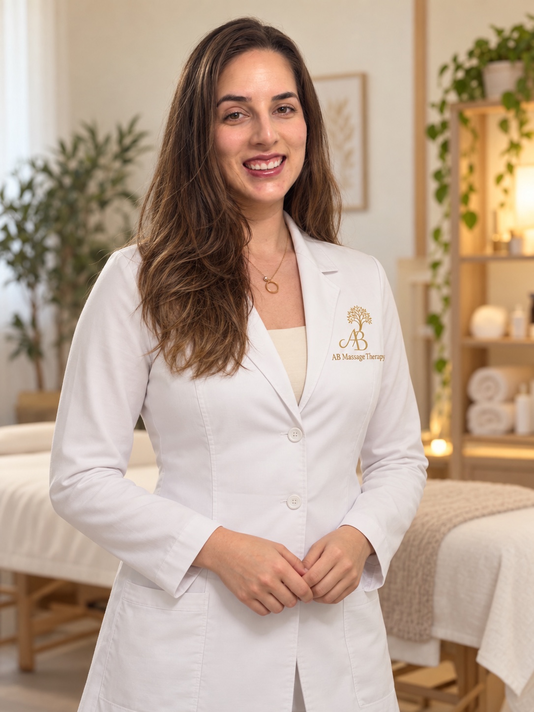 Ana wearing a white coat with the AB Massage Therapy logo