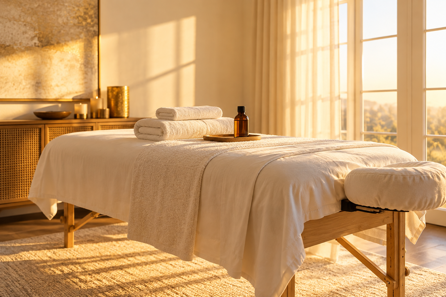 A massage table with soft ivory linens, fresh towels and massage oil in a sunlit room